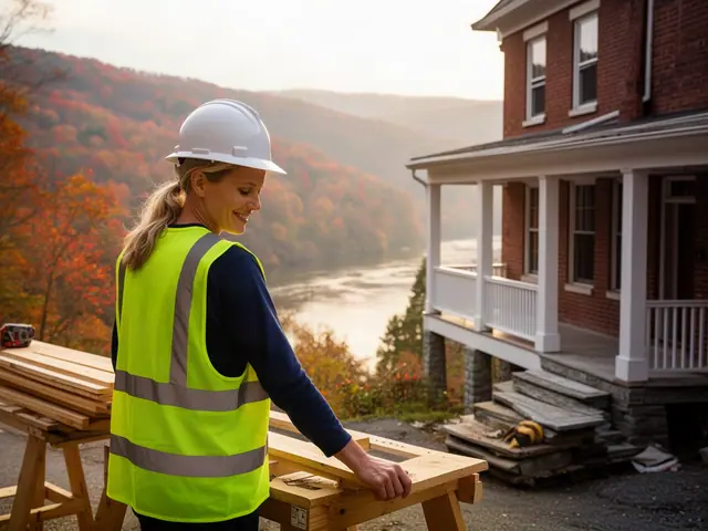 A builder in a hard hat and safety vest on a home construction site.